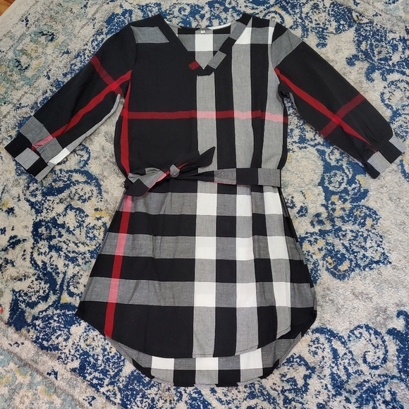 Plaid Belted Shirt Dress Black White Gray & Red - Picture 6 of 8